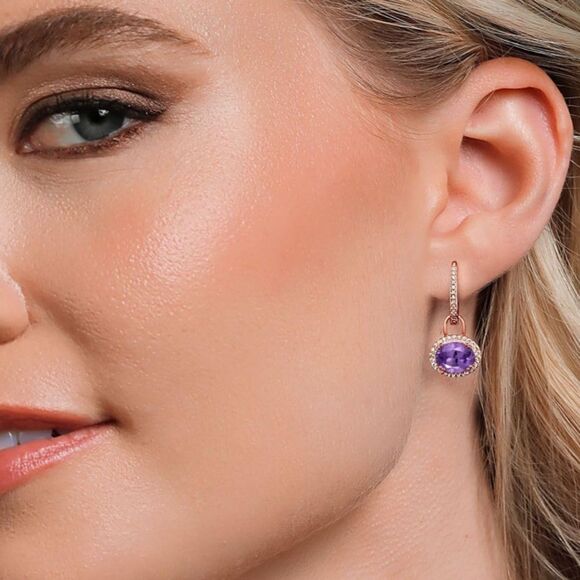 18K Yellow Gold 925 with 4.16 Cttw Amethyst Oval Dangling French Lock Earrings